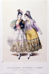 Costumes of Marie Galli (Carmen) and Miss Ducasse (Frasquita) acting in Carmen of Georges Bizet